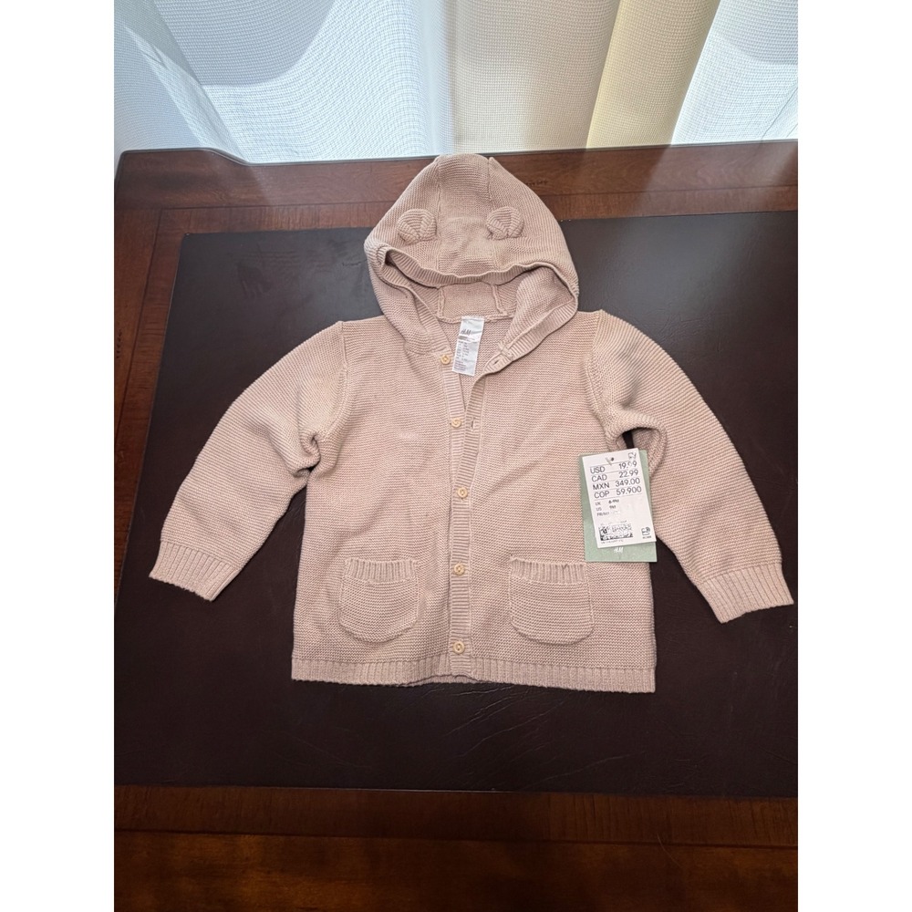 HM Baby Beige Organic Cotton Knit Hooded Cardigan Sweater Bear Ears 9M 1160413